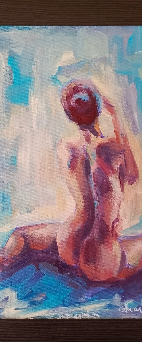 Erotic art expressive acrylic painting of naked woman by Anastasia Art Line