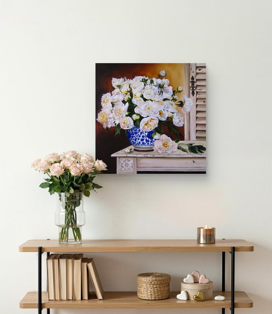 White Peonies in Blue Vase