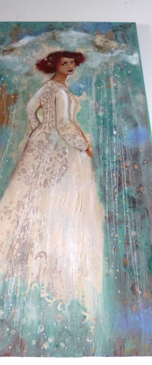 " L'ombrelle céleste". 20x40cm on wood by Loetitia Pillault