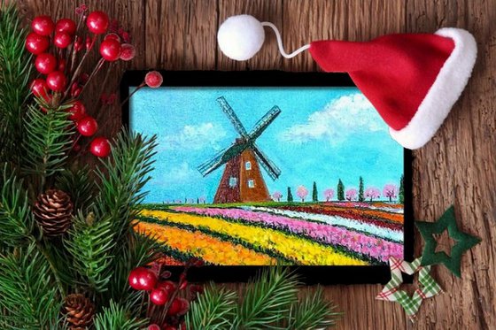 Miniature Dutch Windmill and Tulips Landscape