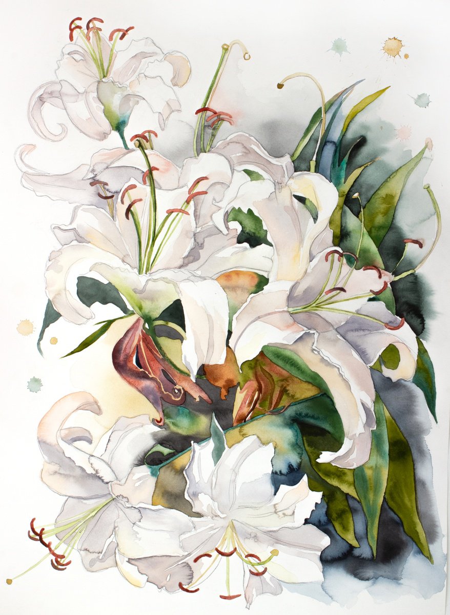 Expressive Botanical Watercolour By Elizabeth Becker, 22 X 30, Lilies No. 18, Original Artwork