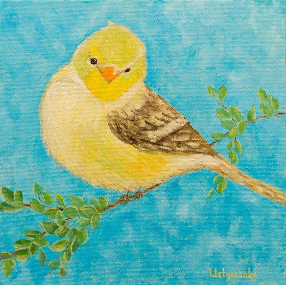 Herald of spring. Bird. Oil painting