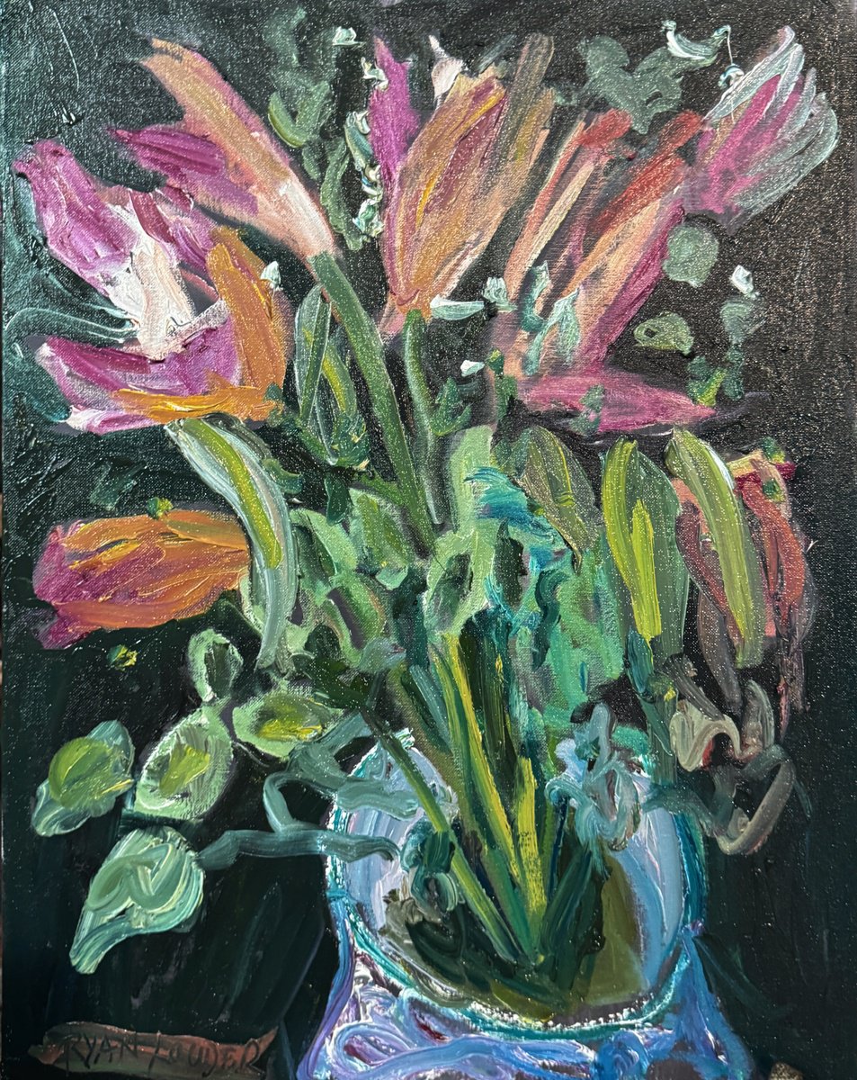 Expressive Botanical Oil Painting By Ryan Louder, 18 X 24", Wilting Lillies No.2, Original Artwork