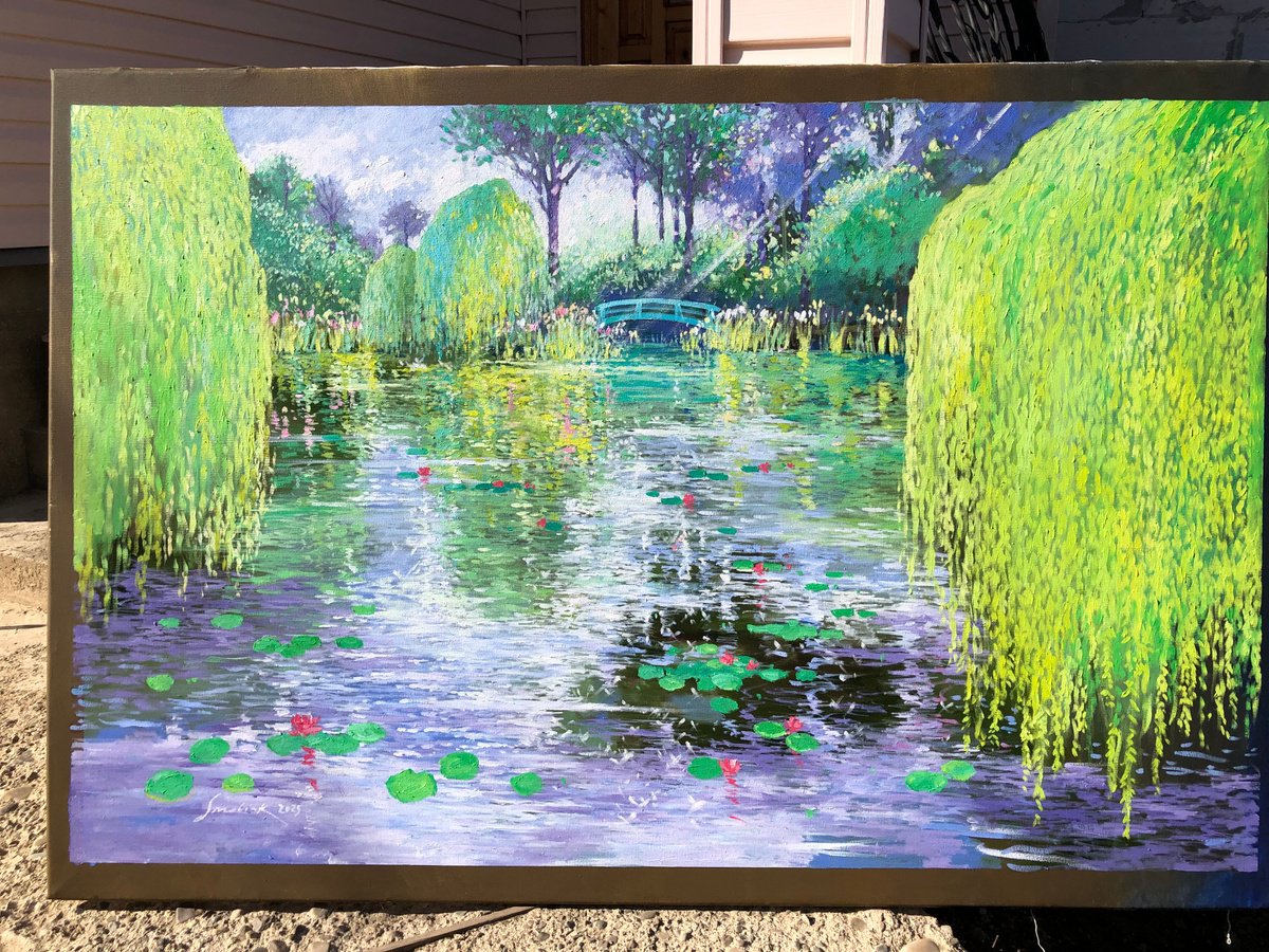 Impressionistic Landscape Oil Painting By Volodymyr Smoliak, 55 X 35", Pond, Sunny Day, Original Artwork