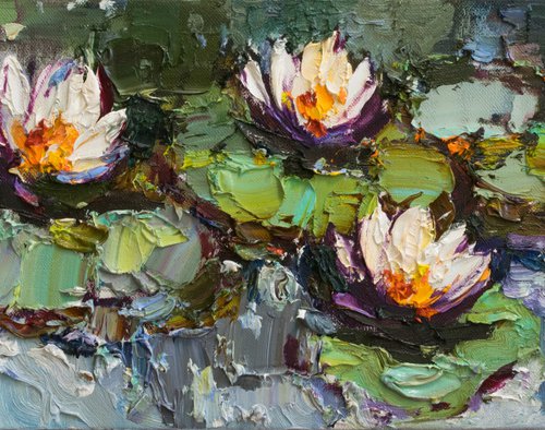 Pond flowers  Impasto Original Oil painting by Anastasiia Valiulina