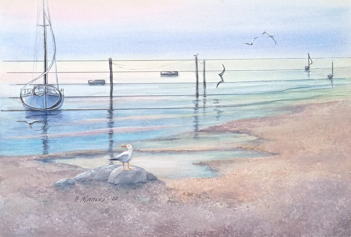 Dawn Prelude of the Sea / ORIGINAL watercolor Morning seascape by Olha Malko