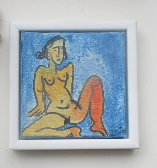 expressive blue girl on canvas mixed media 6 x 6 inch by Sonja Zeltner-Müller