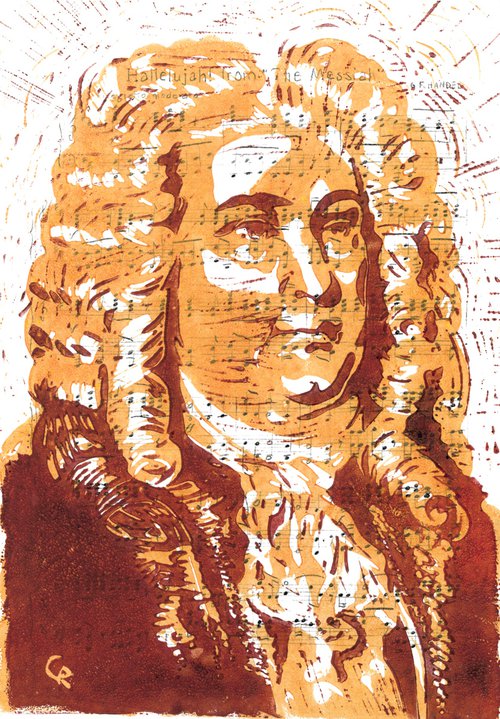 Composers - Händel - Portrait on notes in orange and red by Reimaennchen - Christian Reimann