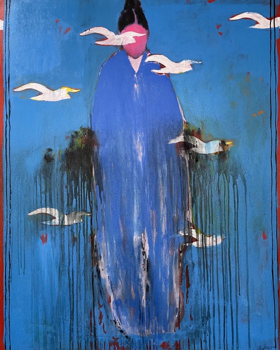 Silent Ascension – Blue Figure with Birds