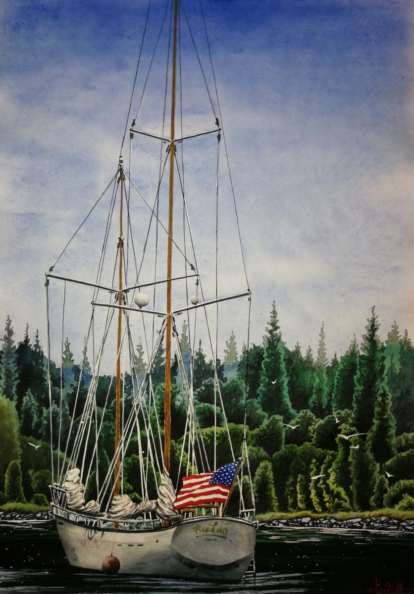 Photorealistic Landscape Watercolour By Eugene Gorbachenko, 17 X 24, Boat In The Bay 2021 Watercolor On Paper 60X42, Artfinder