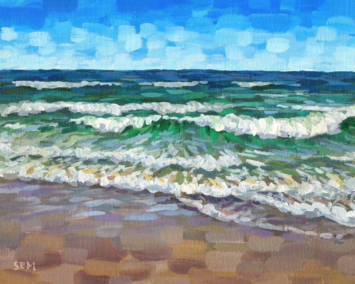 Impressionistic Landscape Acrylic Painting By Steph Moraca, 12 X 10", Vibrant Seashore, Original Artwork