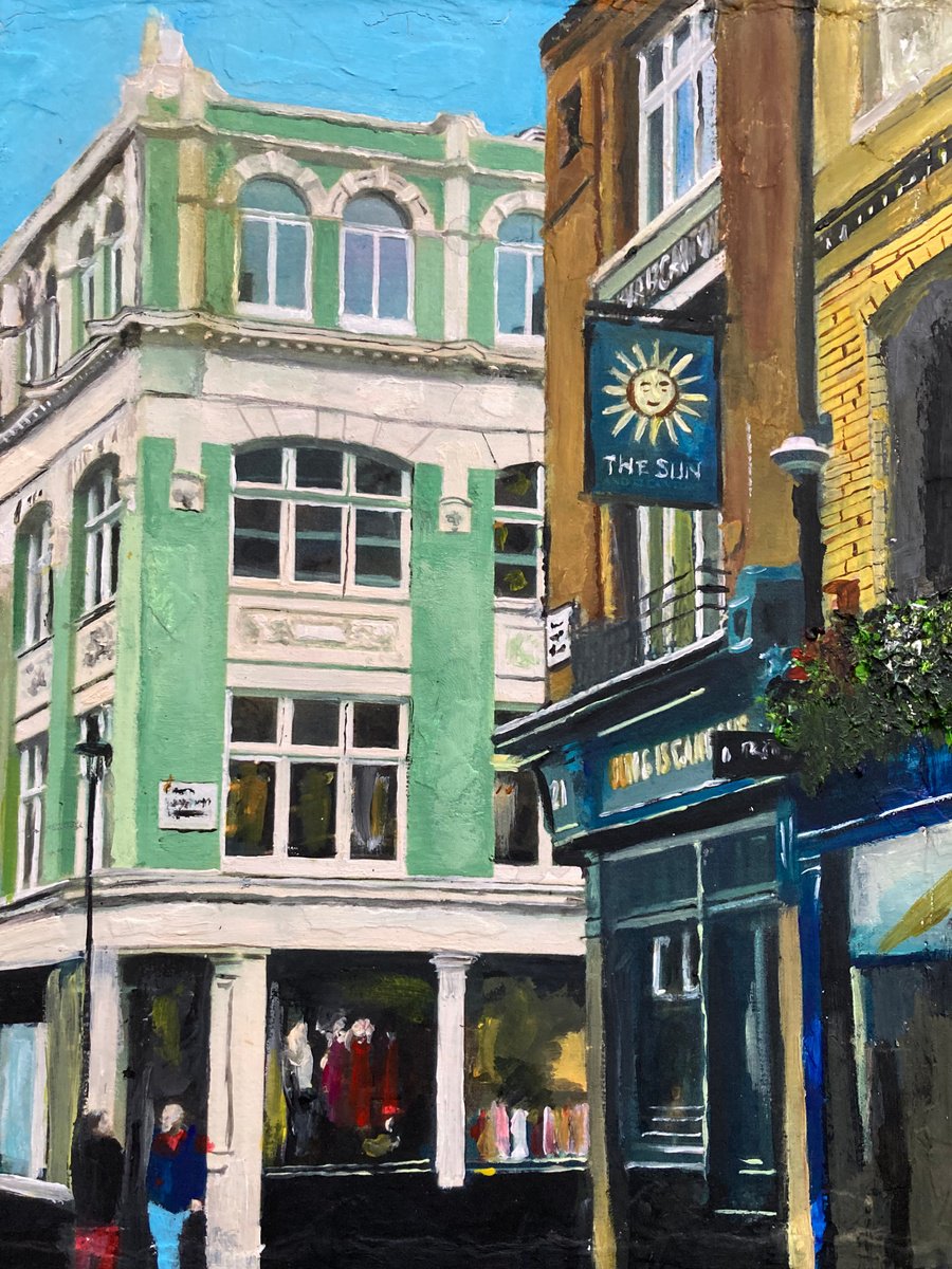Photorealistic Cityscapes Acrylic Painting By Andrew Reid Wildman, 10 X 12, Bright Sunny Day In Soho, London, Original Artwork