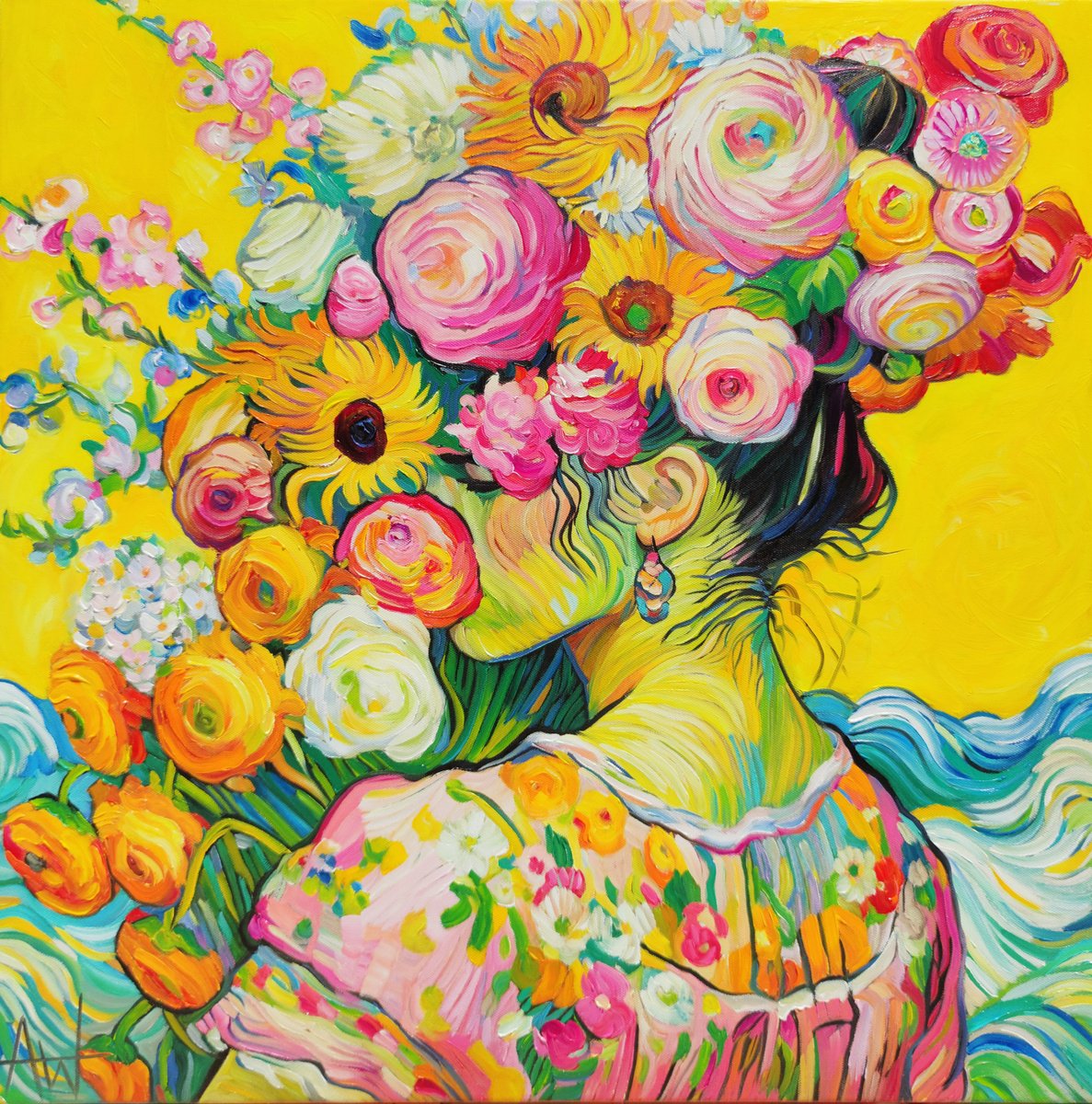 Expressive Portrait Oil Painting By Angie Wright, 24 X 24, Bloomspell, Original Artwork