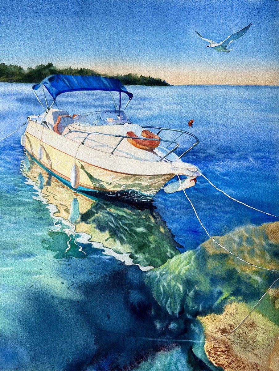 Photorealistic Landscape Watercolour By Sonata Art, 20 X 24", Quite Bay In Mediterranean, Original Artwork