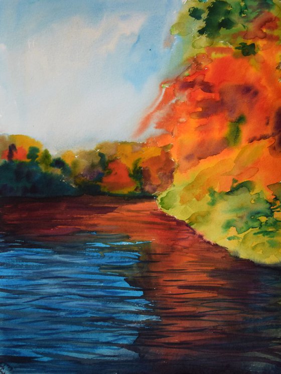 Watercolor painting Sunny autumn day near forest lake