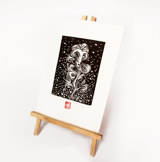 LINOCUT PRINT- artistic print-illustration "Blomming snow"