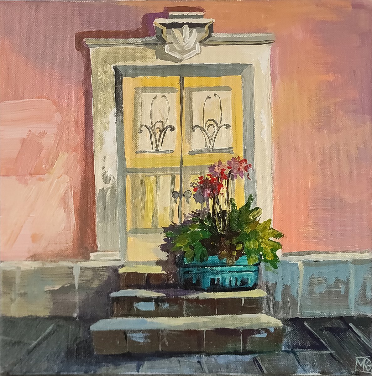 Impressionistic Cityscapes Acrylic Painting By Maria Kireev, 16 X 16", Vienna Door, Original Artwork