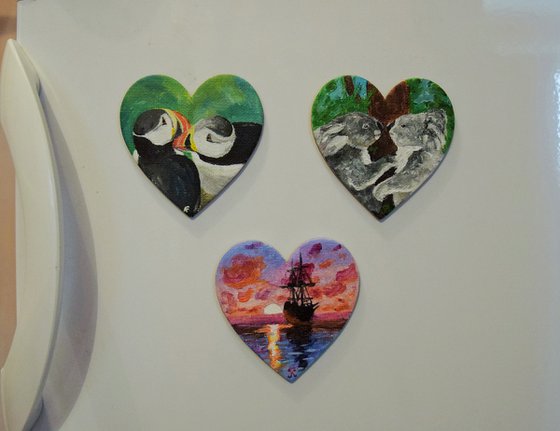 Ship painting, heart decor, fridge magnet, sunset seascape painting, romantic gift