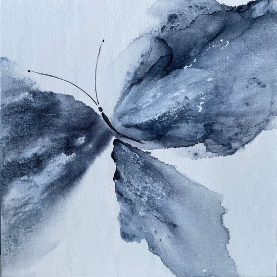 GREY BUTTERFLY - alcohol ink, canvas on cardboard