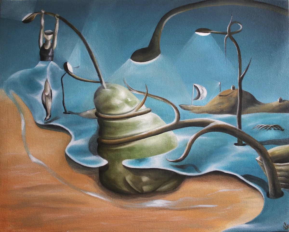 Surrealistic Landscape Oil Painting By Vanessa T Stefanova, 20 X 16", Dreaming Of Tidal Waves, Original Artwork