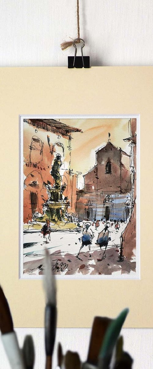 Original watercolor painting of Bologna city center. by Marin Victor