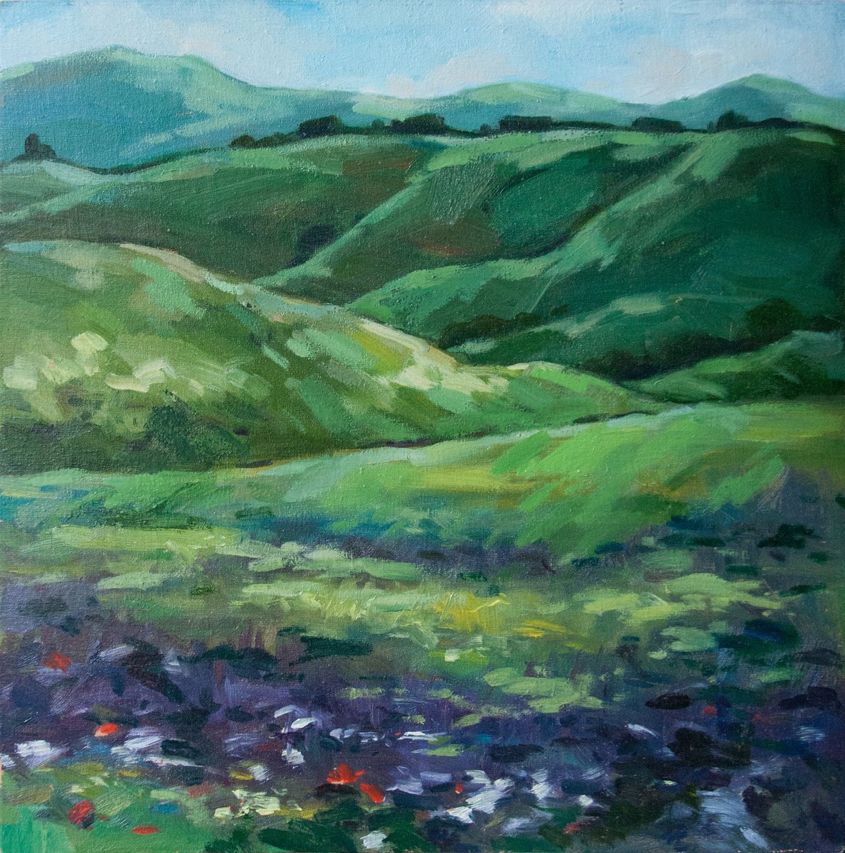 Impressionistic Botanical Oil Painting By Anna Khaninyan, 16 X 16, The Flowers Field, Original Artwork