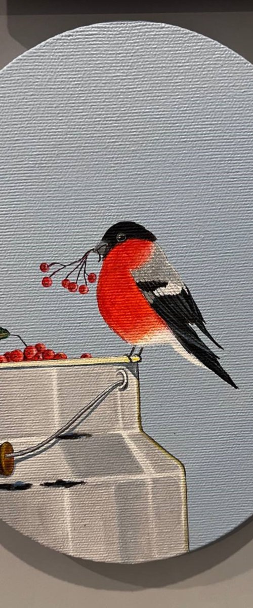 "Bullfinch" is 25x30 cm. by Nina Grigel