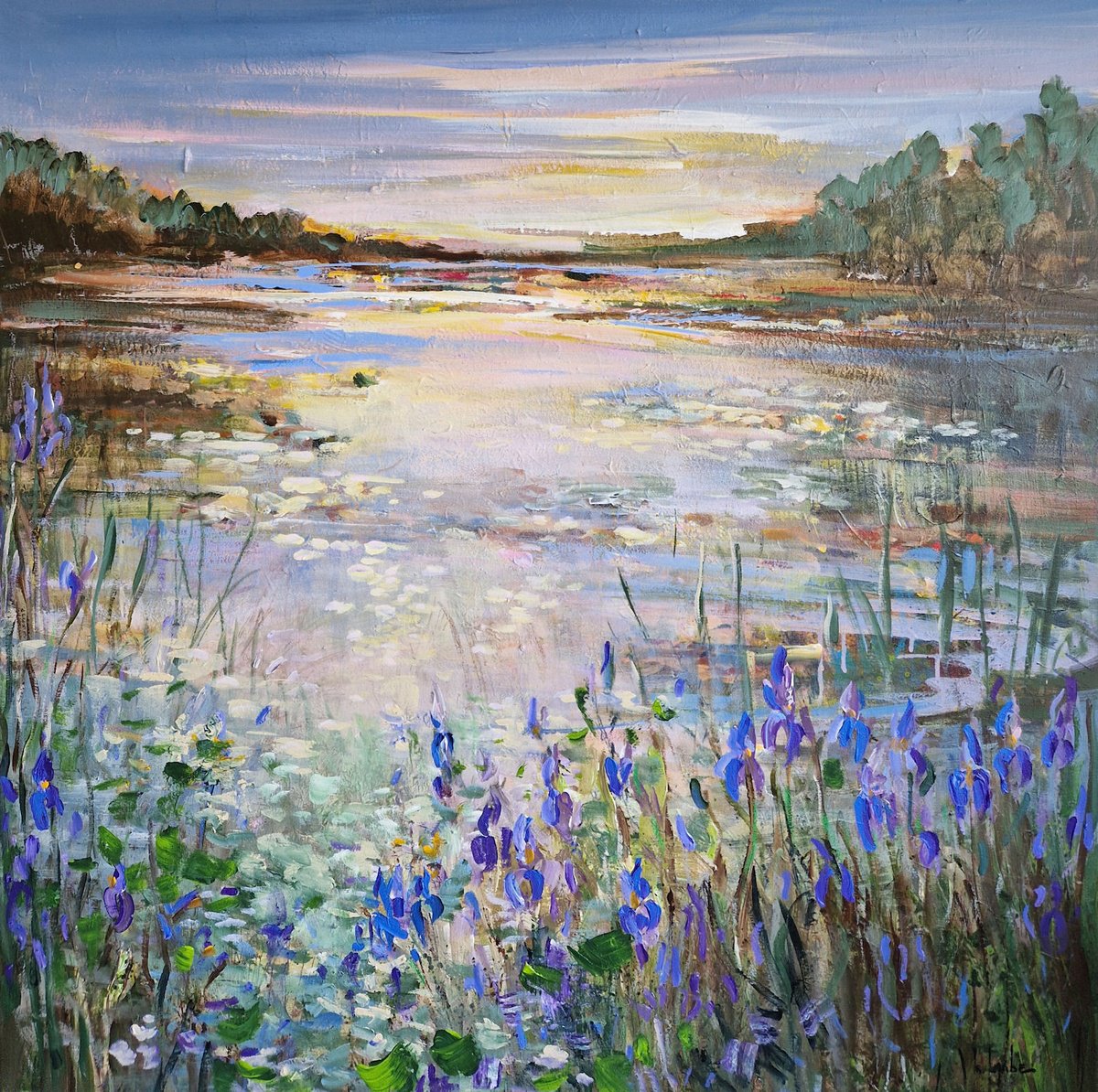 Impressionistic Landscape Acrylic Painting By Irina Laube, 39 X 39, Blue Irises At The Pond Ii, Original Artwork