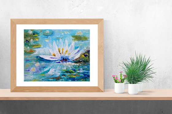 Lotus Painting Original Art Water Lily Artwork Small Floral Wall Art Flower Oil Painting