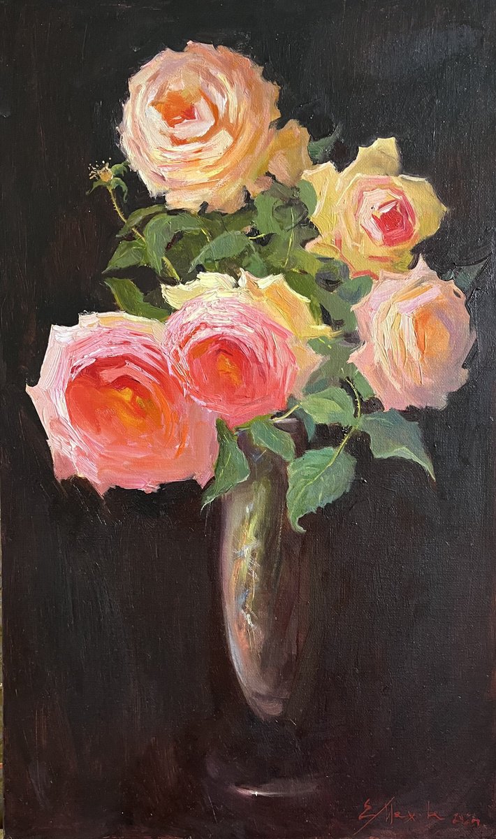 Impressionistic Still Life Oil Painting By Evgeniia Mekhova, 12 X 20, Still Life With Roses, Original Artwork