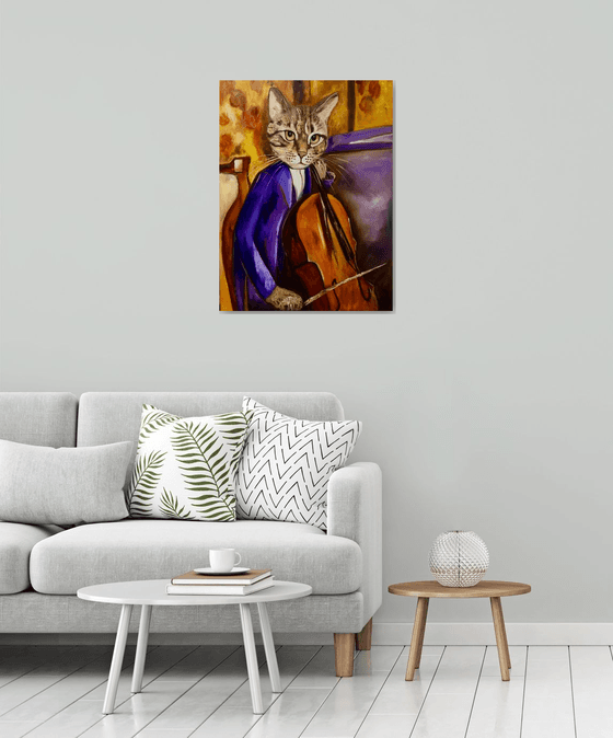 Cat Cellist inspired by Amedeo Modigliani.FELINE ART FOR CAT LOVERS GIFT IDEA