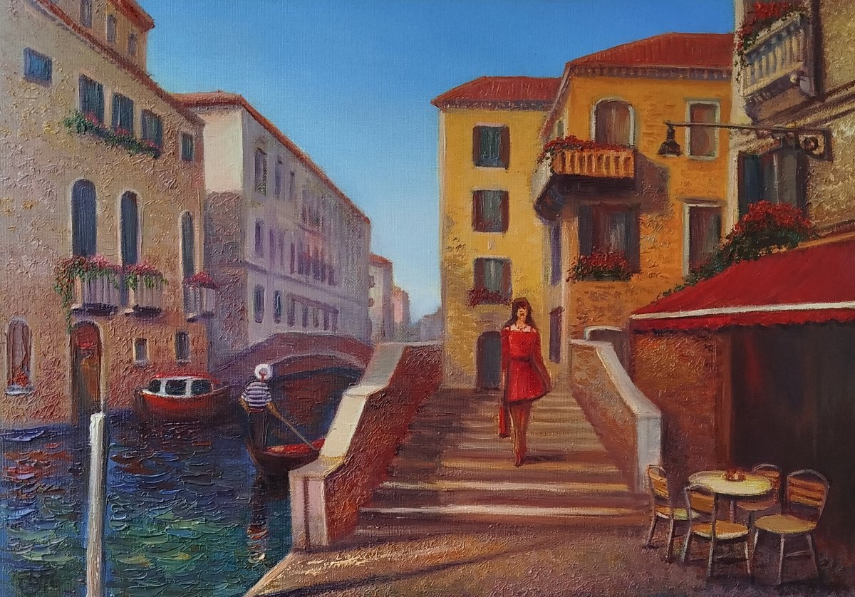 Impressionistic Landscape Oil Painting By Dmitrij Tikhov, 20 X 14, Sunny Day In Venice, Original Artwork