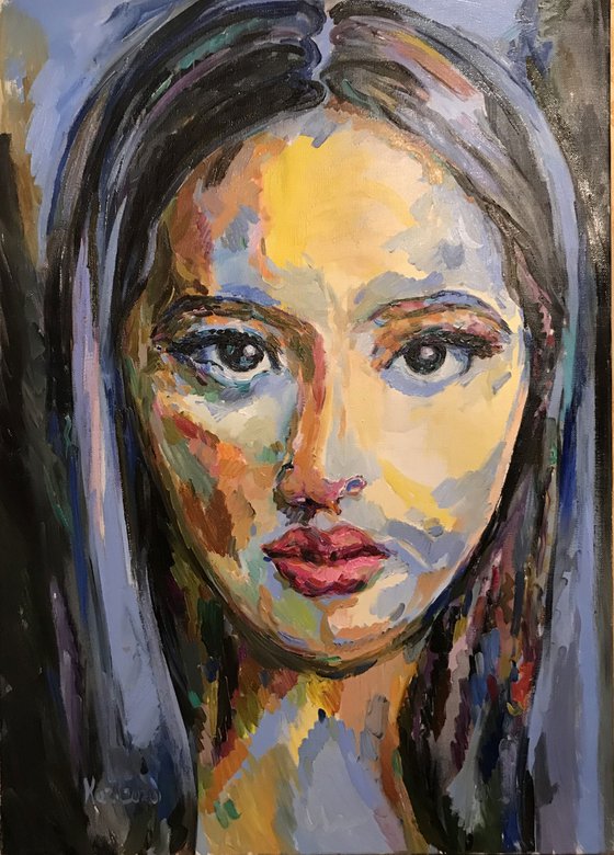 FEMALE PORTRAIT - original oil painting, love feelings sense, blue 100x70