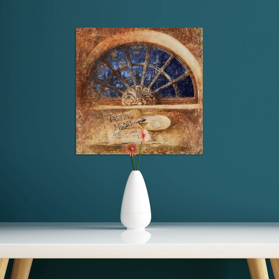 Blue Night Arched Window in Cafe Restaurant