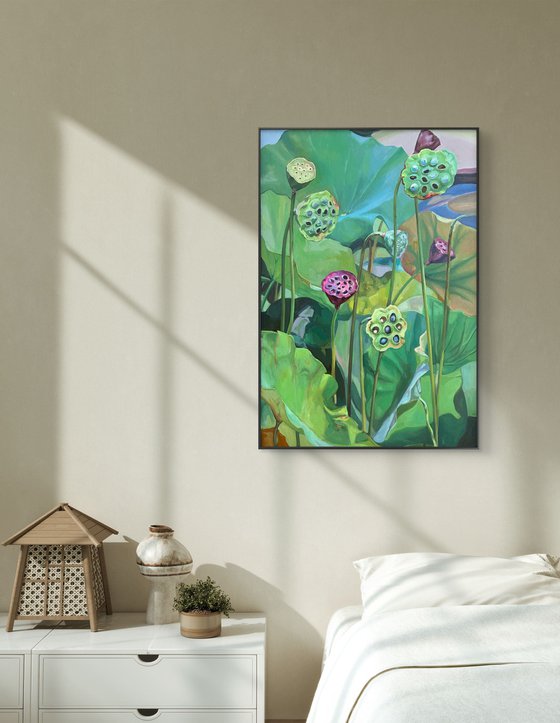 Lotus pond. Seed pods