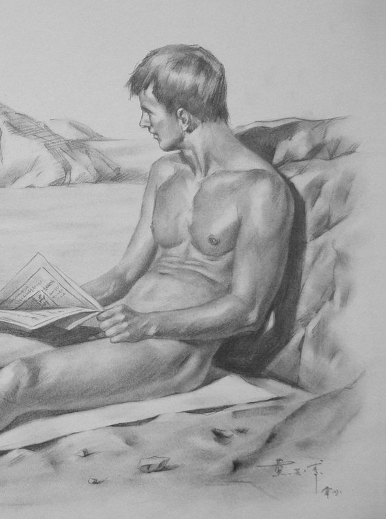 original art drawing  charcoal  male nude by the seaside on paper #16-11-15