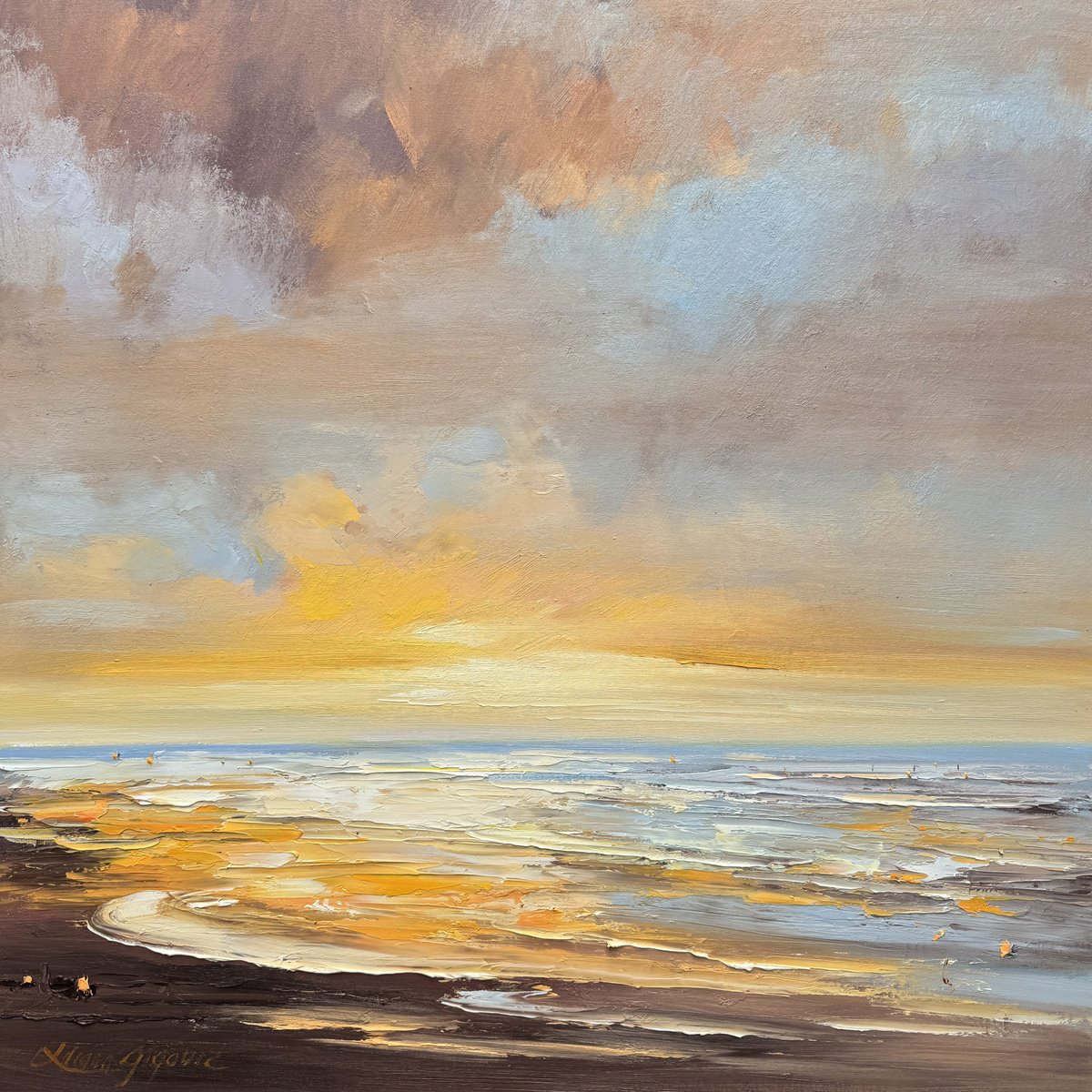Impressionistic Landscape Oil Painting By Liliana Gigovic, 36 X 36", Golden Sunrise No 6, Original Artwork