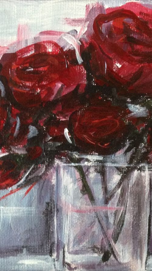 Red roses, Acrylic painting on MINI (15x20cm) (6x8inch) canvas by Leysan Khasanova