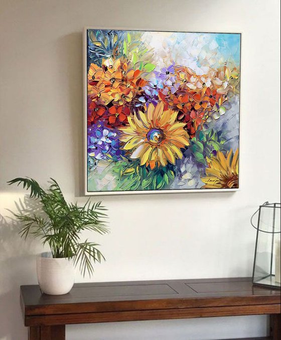 Flowers Oil Painting - Forever Radiant - Original Abstract Heavy Textured Palette Knife