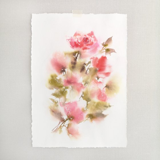 Roses. Red flowers watercolor painting