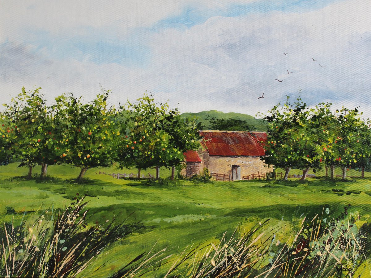 Impressionistic Landscape Acrylic Painting By Valerie Jobes, 16 X 12", The Apple Orchard, Original Artwork
