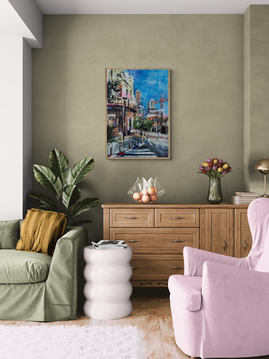 Impressionistic Cityscapes Acrylic Painting By Maria Kireev, 28 X 39", Sunlit Streets Of Neve Tzedek, Original Artwork