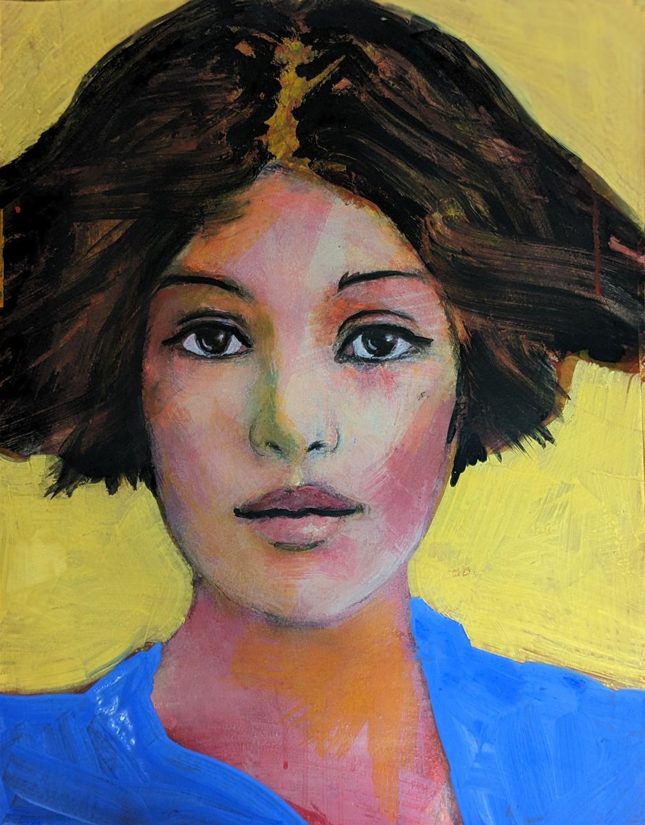Expressive Portrait Acrylic Painting By Richard Kuhn, 20 X 26", Girls On Paper 0303_24, Original Artwork