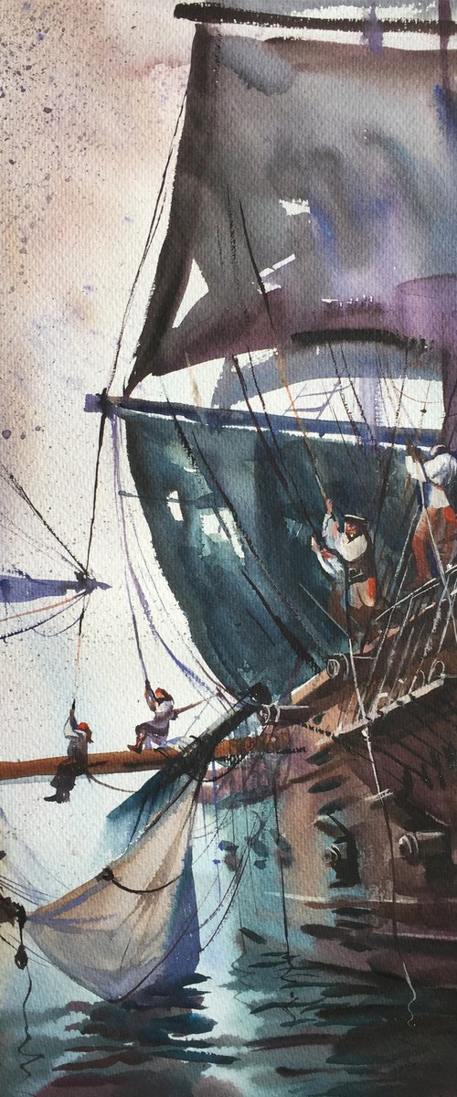 Landscape with pirate ships by Natalia Veyner