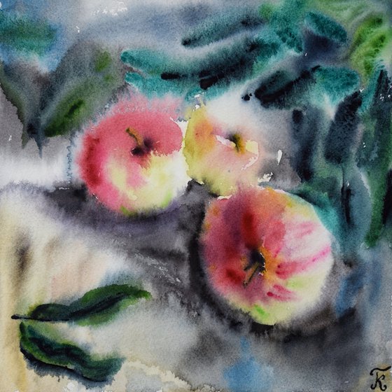 Apples painting, fruit watercolor painting original, kitchen wall art