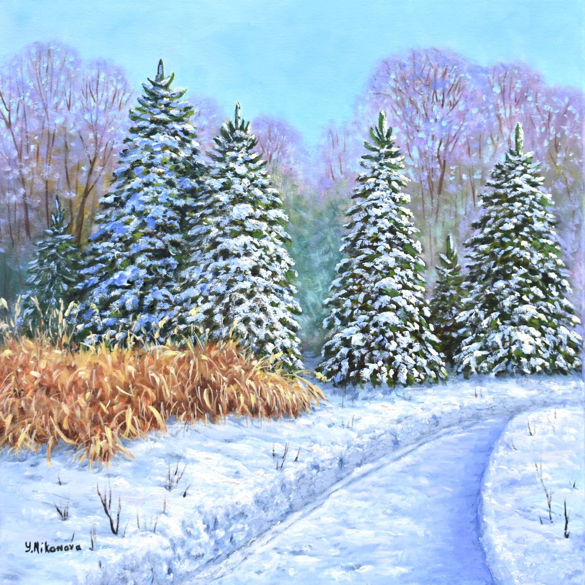 Impressionistic Landscape Oil Painting By Yulia Nikonova, 20 X 20", Winter Path, Original Artwork