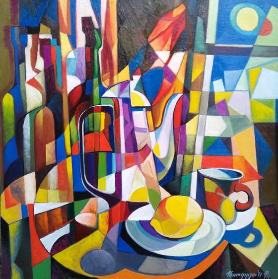 Still life with Lemon (60x60cm, cubism, oil painting, ready to hang)