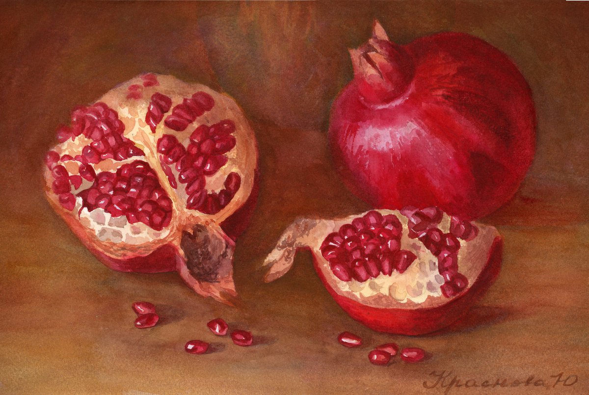 Photorealistic Still Life Watercolour By Yulia Krasnov, 12 X 8", Pomegranates On The Table, Original Artwork