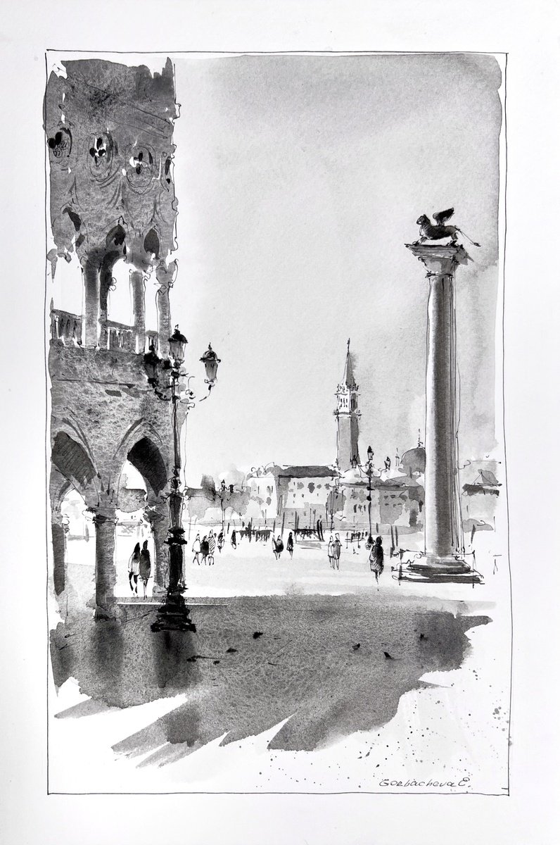 Impressionistic Cityscapes Ink Drawing By Eugenia Gorbacheva, 8 X 12, Venetian Sunlight On San Marco, Original Artwork