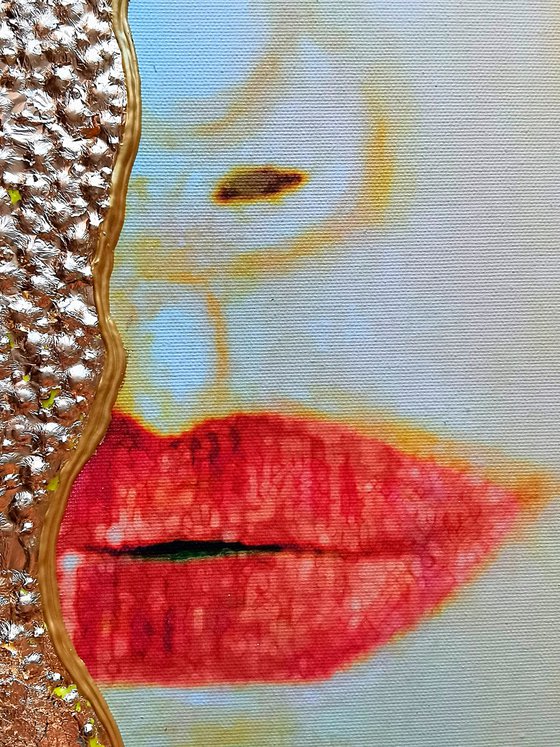 Golden Tears - original woman face art, fine art female portrait, mixed media painting